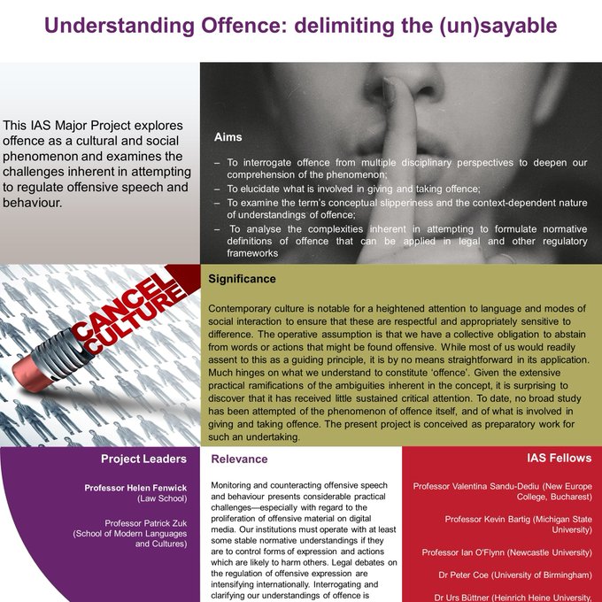 An exciting international conference 'Understanding Offence' supported by @DurhamIAS takes place 21-23 March. Keynotes to be given by Prof Stefan Collini & Prof Jacob Rowbottom, and 14 paper sessions. For details and sessions available for sign up, see durham.ac.uk/research/insti…