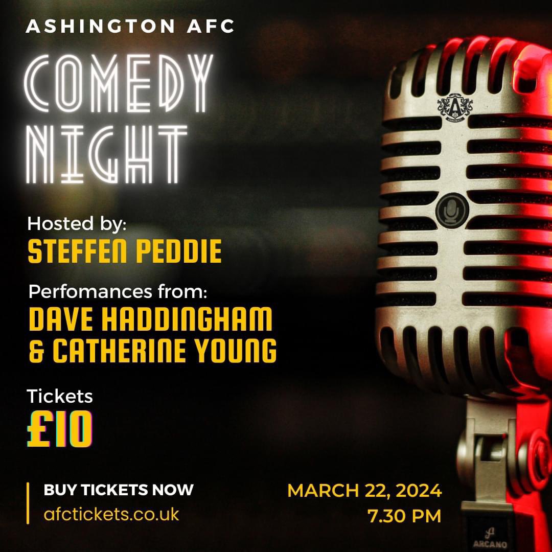 Ashington_FC's tweet photo. 𝙏𝙁𝙄 𝙁𝙧𝙞𝙙𝙖𝙮!!

Tomorrow we’re off to Derbyshire to take on @BelperTownFC 

Next Friday we’ve got comedy at Woodhorn Lane when Steffen Peddie and friends come calling. Still tickets available grab yours now 👇

https://t.co/jfunP2SDsy

Then next Saturday it’s non league day and we’re taking on @Grimsby_Borough at the Lane. Tickets available now 👇

https://t.co/69rEVL0e2a
