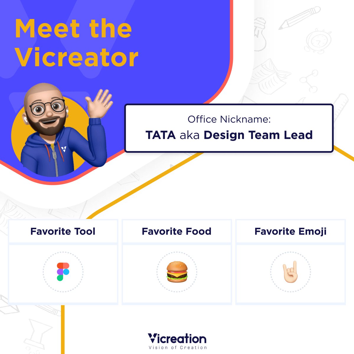 vicreationde's tweet photo. Meet Tata, the mastermind behind VicreationDES's design wonders! 🚀 Their favorite tool, Figma, helps bring creative visions to life. When hunger strikes, you'll find them munching on a juicy hamburger 🍔. And their favorite emoji? None other than🤘🏻 #Tata #DesignMaestro https://t.co/MLmA69InZN
