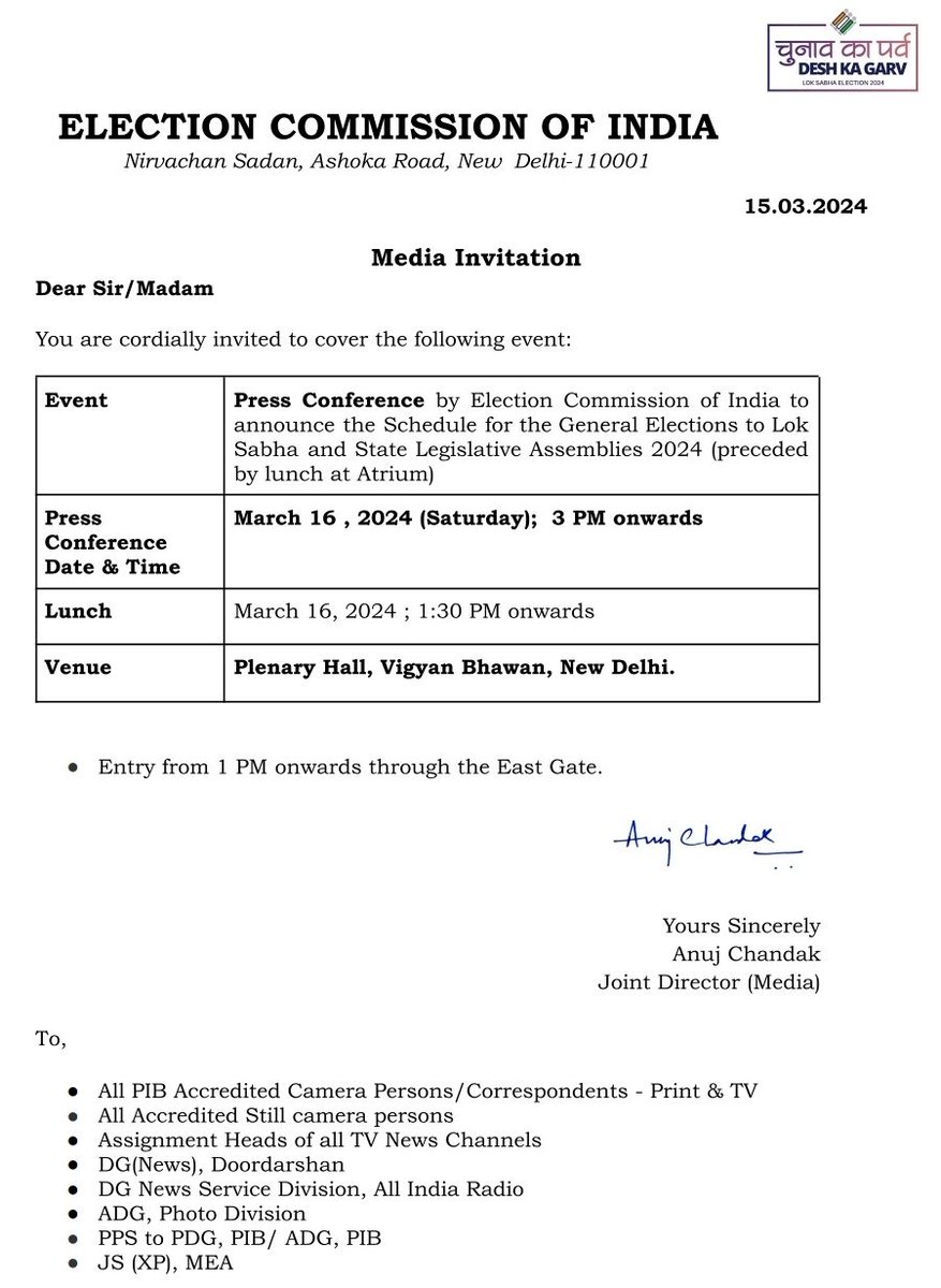 UpendrraRai's tweet photo. Press Conference by the #ElectionCommission to announce the schedule for #GeneralElections2024 Elections &amp; some #StateAssemblies will be held at 3 pm tomorrow, 16th March. It will be live streamed on the social media platforms of the ECI. @ECISVEEP @SpokespersonECI https://t.co/7iH9Fn5h9s