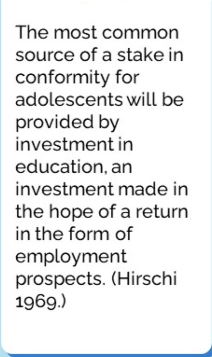 What Hirschi stated in 1969 feels even more relevant today when working with those most at risk in educational settings . A very common theme is the inability to see or admit to wanting to see any type of future. Our role is over time to try and enable thinking to take place