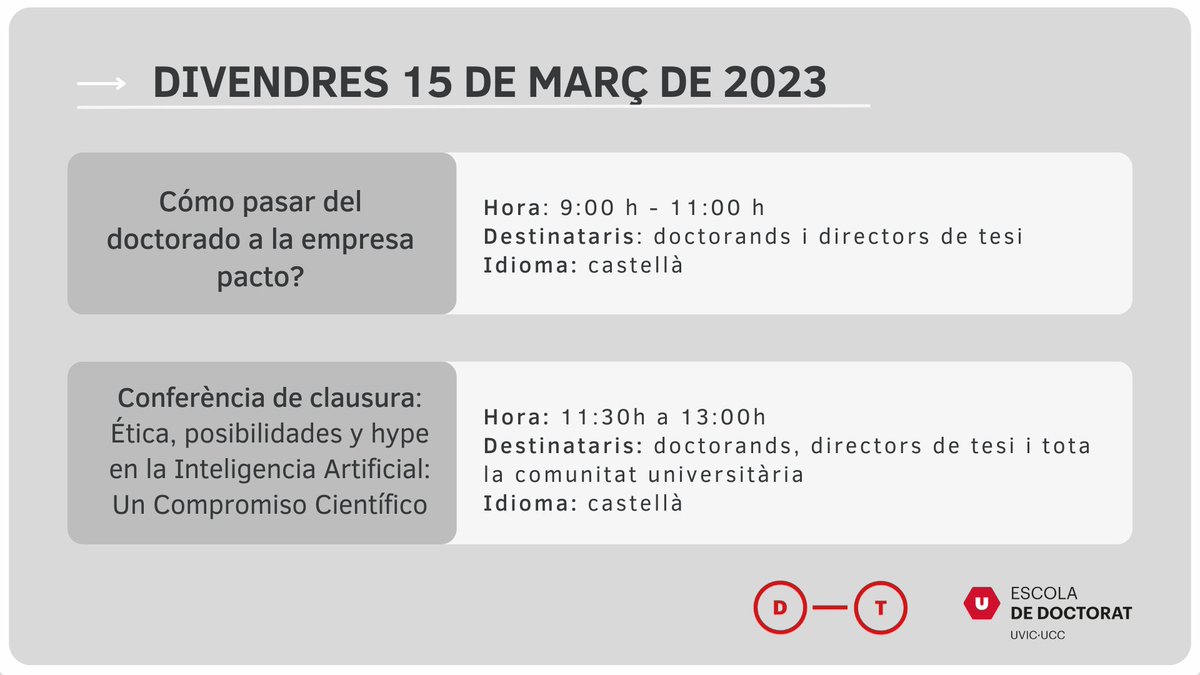 UVic_PhD's tweet photo. 📢Últim dia de la #DoctoralTrainingWeek‼️ Avui tenen lloc les següents activitats:
👉 Cómo pasar del doctorado a la empresa
👉Conferència de clausura
Consulta el programa 👇 https://t.co/YlaOYroHex