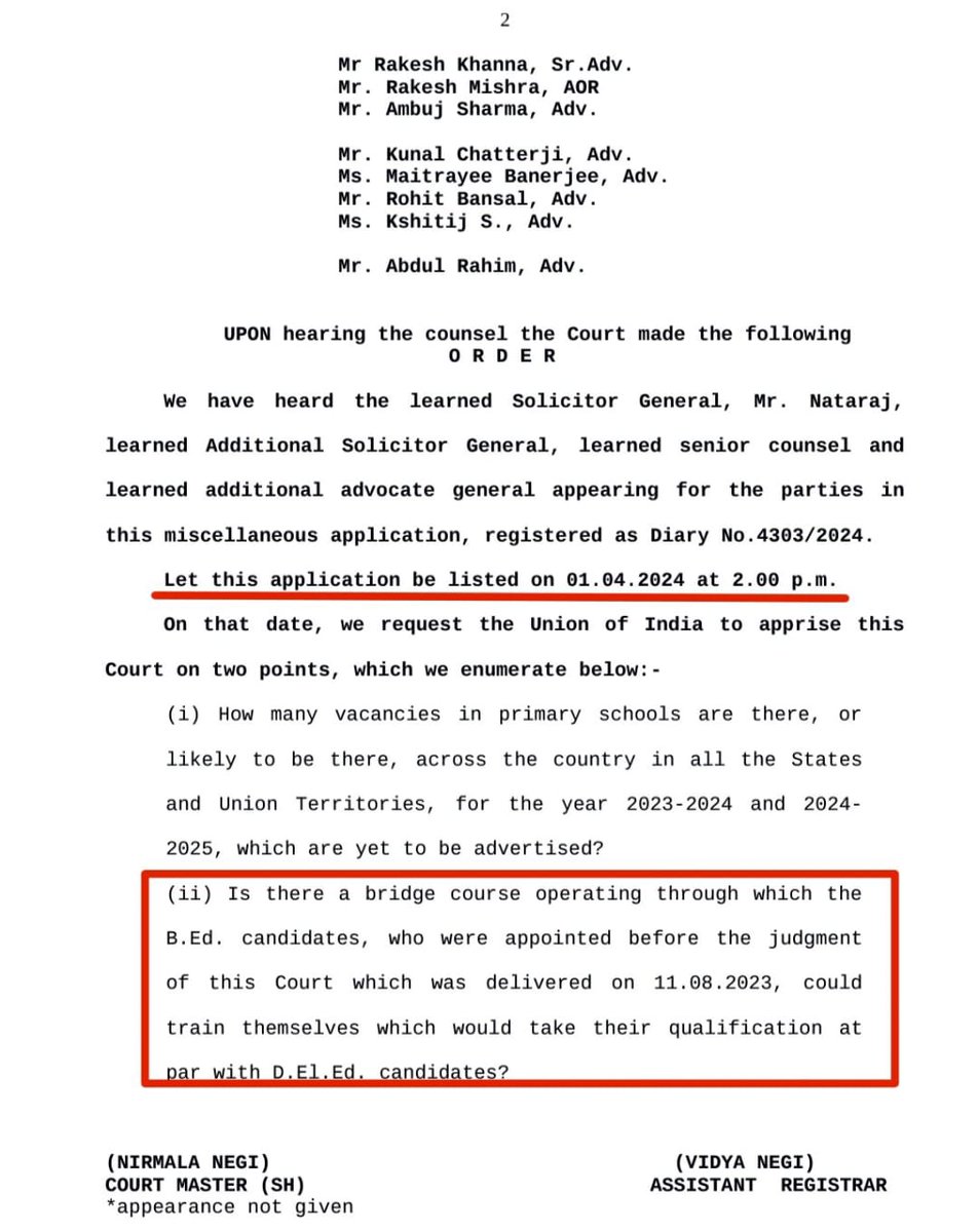 Kindly submit the affidavit of conducting #bridgecourse for #appointedBEdteachers  all over India &amp; 7500 BEd teachers of WB) as per gazette 2018 of @ncteDelhi in the Supreme Court case (Diary No(s). 4303/2024) next hearing on 1 april 2024. <a href="/dpradhanbjp/">Dharmendra Pradhan</a>
<a href="/PMOIndia/">PMO India</a> <a href="/Drsubhassarkar/">Dr. Subhas Sarkar</a>