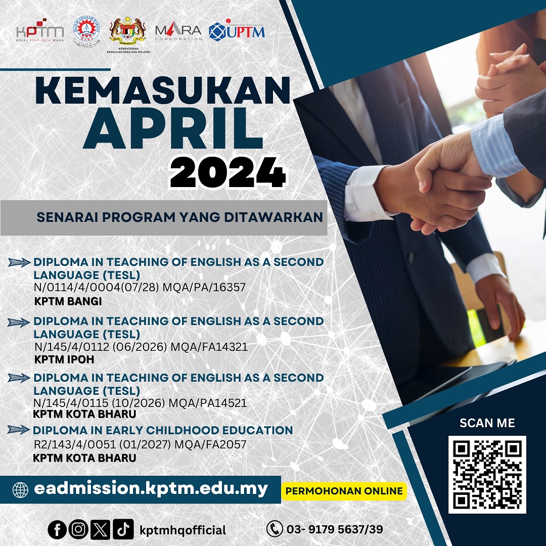 KPTMHQofficial's tweet photo. Nak mohon Kolej Poly-Tech MARA kemasukan bulan April? Berikut adalah senarai program yang ditawarkan!! Anda boleh membuat permohonan secara online di laman web https://t.co/aZWr4IxGPX atau imbas kod di bawah. Selamat memohon...
#KKDW #MARA #MARACORP #KPTM #UPTM #jommasukkptm https://t.co/iuZkfsOy3M