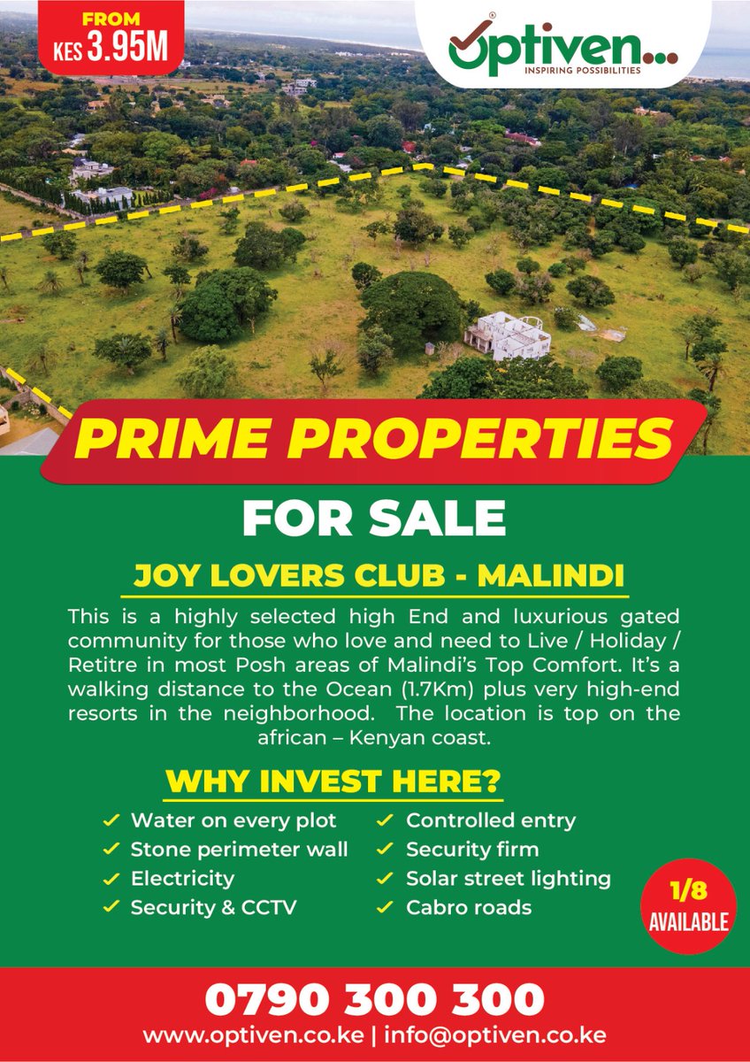 dmbalu22's tweet photo. Take the first step towards financial freedom with Optiven Real Estate! Save up to Ksh118K when you invest in Joy Lovers Club Malindi with 3.95m cash. Don't miss out! #OkoaUpto118K Call 0790300300 or visit https://t.co/4ay8J7EBxL https://t.co/8oqIvCXywE