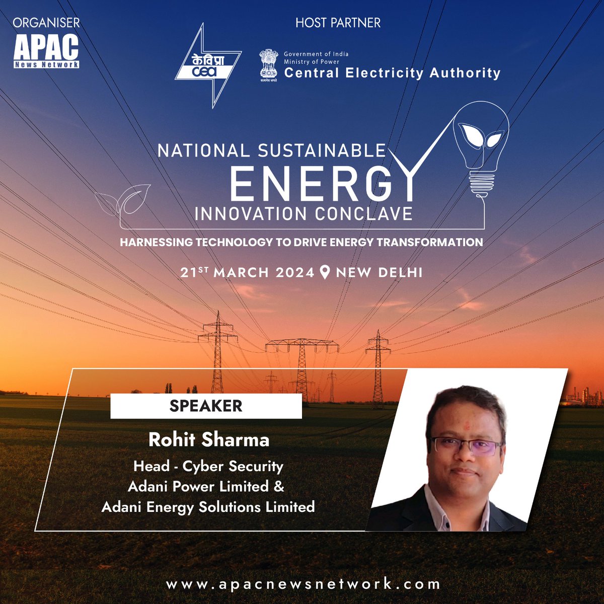 Apacnewsnetwork's tweet photo. We're excited to announce that Rohit Sharma, Head - Cyber Security, #AdaniPower &amp; #AdaniEnergy Solutions Ltd will be a Speaker at National Sustainable Energy Innovation Conclave hosted by CEA in Delhi on 21 Mar'24
Register- https://t.co/C2kImRIUOQ
#APACEnergy #APACSustainability https://t.co/i2wKIFrj7x