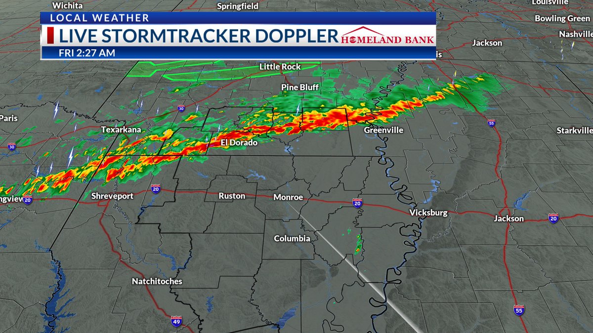 ChaseWard61's tweet photo. Radar (2:27 AM): A line of strong t-storms is making its way across southern Arkansas. Strong wind gusts and small hail have been associated with these storms indicated by radar. These storms will continue into the pre-dawn hours along I-20. #storms #arklamiss https://t.co/1OrE9OgabT