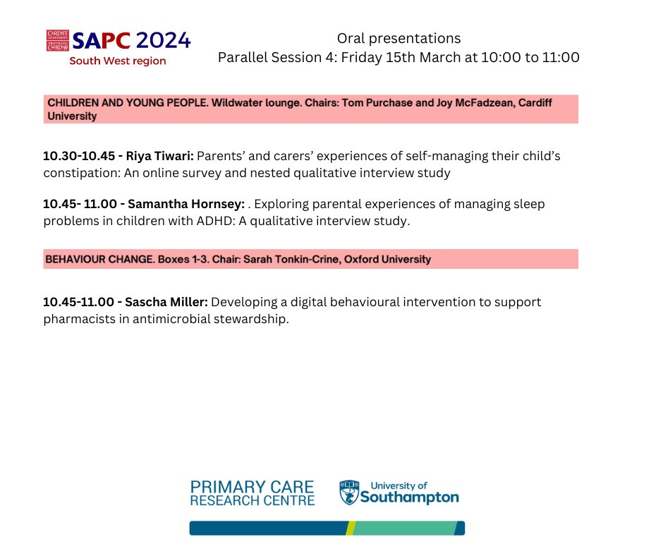 Primary Care Research Centre (@uos_primarycare) on Twitter photo Good morning! It's day 2 at #SWSAPC24. Coming up this morning in parallel session 4, we have oral presentations from <a href="/riyaatiwarii/">Riya Tiwari</a>, <a href="/SamJHornsey/">Dr Sam Hornsey</a> and Sascha Miller. Good morning! It's day 2 at #SWSAPC24. Coming up this morning in parallel session 4, we have oral presentations from <a href="/riyaatiwarii/">Riya Tiwari</a>, <a href="/SamJHornsey/">Dr Sam Hornsey</a> and Sascha Miller.
