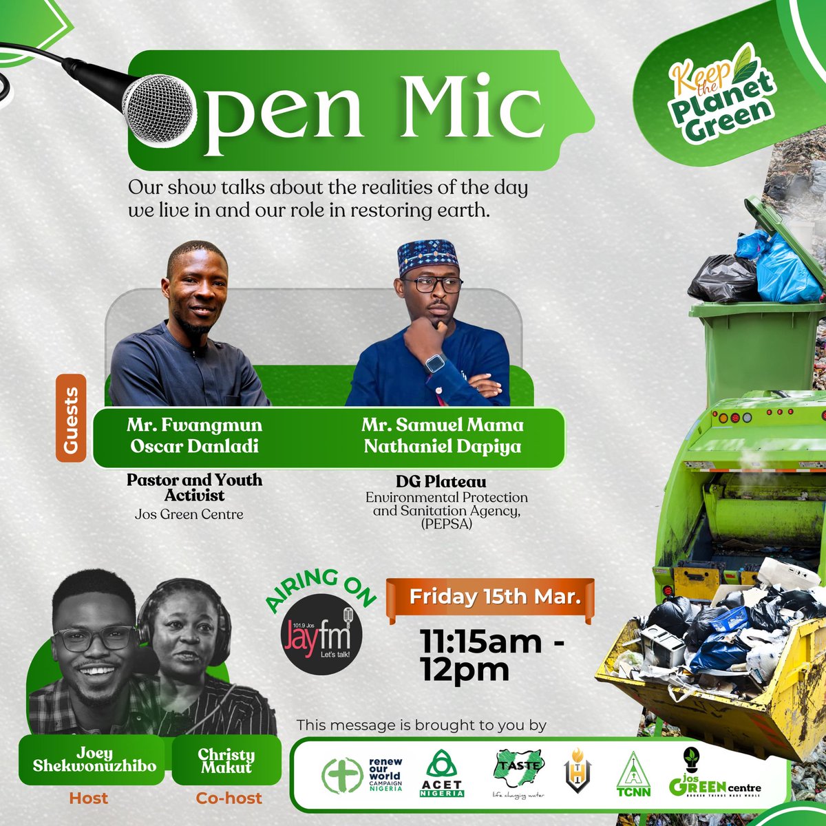 JosGreenCentre's tweet photo. How realistic is it to have a waste free world?
Join our Team Lead @Fwangmun_D and PEPSA DG @SamuelDapiya as they discuss the realities of restoring mother earth.
Join the conversation on Jay FM 101.9
#RenewOurWorld
#JosGreencentre
#Tearfund
#JAYFM
#PEPSA https://t.co/1ur1gQFjrh