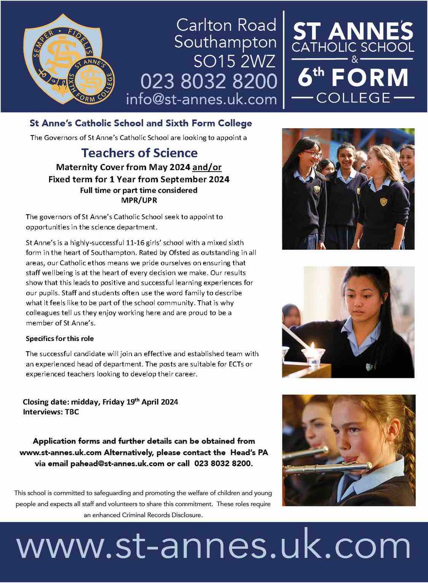 StAnnesUK's tweet photo. Are you a Science teacher looking for a new role? We are looking at add to our fantastic science team for the 2024-2025 academic year, with the chance to start as soon as May 2024. #StAnnesLife #JoinUs https://t.co/AxpFLa3Fvs