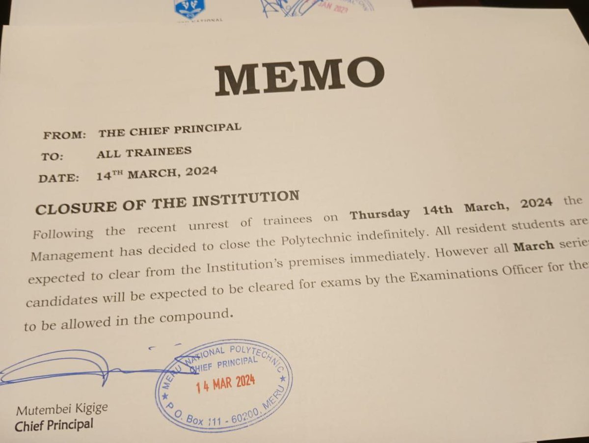 NiCampusFlavour's tweet photo. Meru National Polytechnic Students join their fellows from Mawego Polytechnic and Maasai Mara University after the institution was indefinitely closed and Students asked to vacate immediately following a series of protests at the institution.

🔝; #NiCampusFlavour, helb, Osoro, https://t.co/eIYZsQzviJ