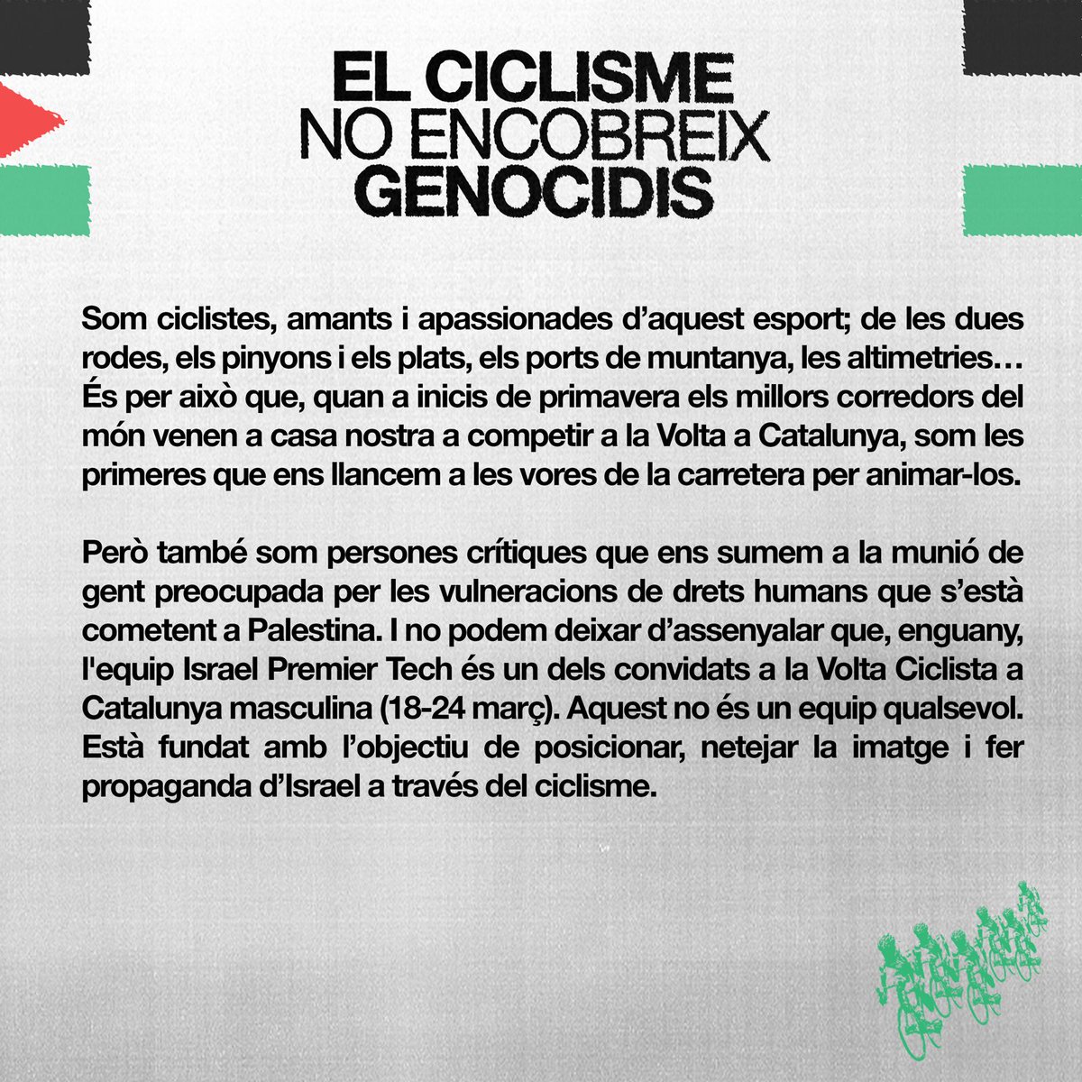 🚴 Dilluns comença la <a href="/VoltaCatalunya/">Volta a Catalunya</a> amb la participació de l'equip Israel Premier Tech. 

Ciclistes i activistes exigim la cancel·lació d'aquest equip, que busca netejar la imatge i encobrir els crims d'Israel.

🔴 Més info a: instagram.com/fora.israel.vo…