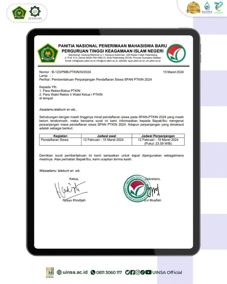 UINSAOfficial's tweet photo. Pendaftaran SPAN-PTKIN 2024 Diperpanjang!
Yuks, yang kemarin belum sempat finalisasi data.
Pendaftaran SPAN-PTKIN 2024 diperpanjang hingga 19 Maret 2024 pukul 23.59 WIB
Buruan selesaikan pendaftaranmu di https://t.co/RyDZQw8OLb
Ingat, kampusnya pilih UINSA ya! https://t.co/MxHKA3kl5z