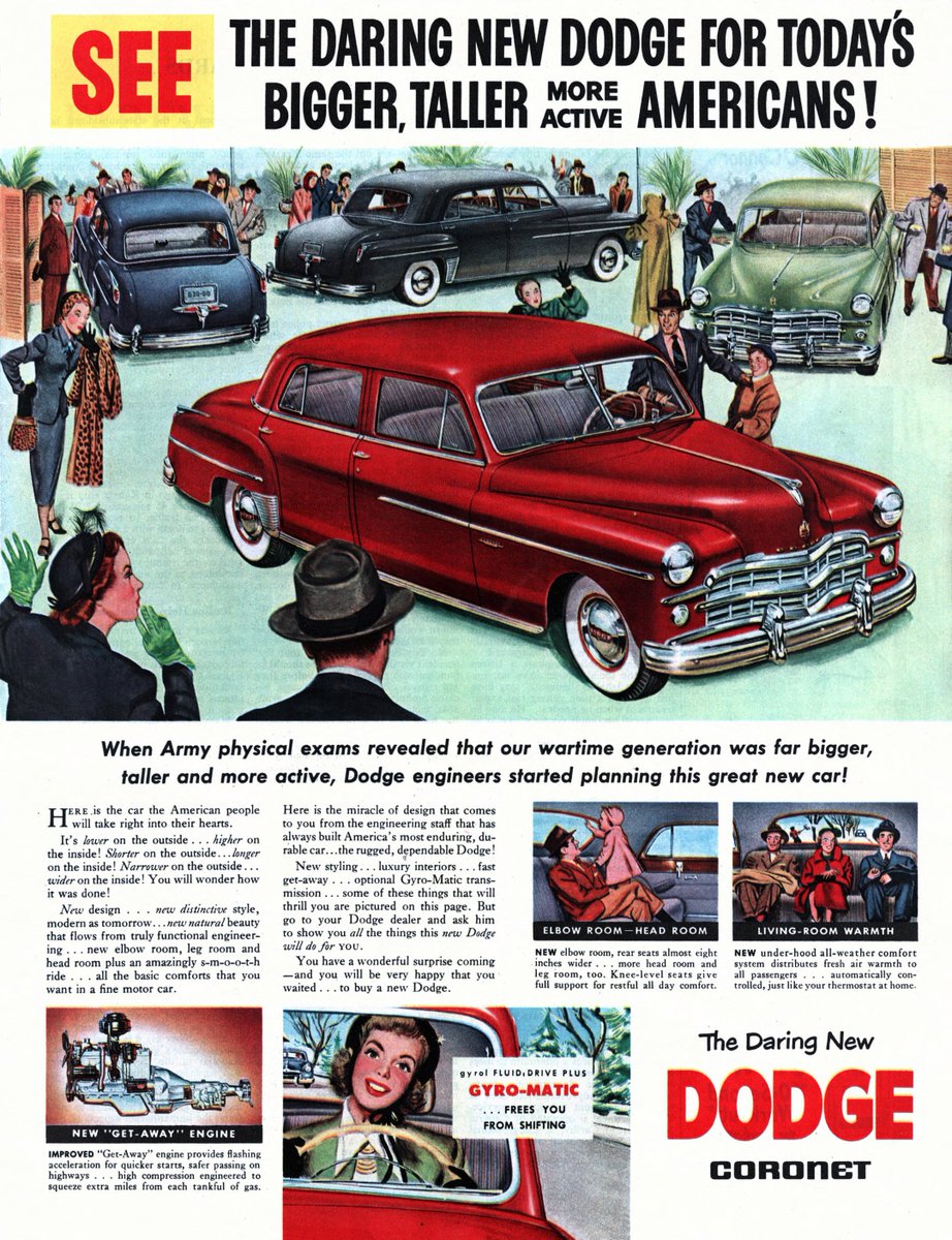 LRonLacy's tweet photo. ‘See the Daring New Dodge for Today’s Bigger, Taller More Active Americans!’
Collier’s, March 12, 1949
#automotiveengineering #automotivedesign #CarEngines #CarTransmission #automotiveindustry #illustration #illustrationart #Dodge #DodgeCoronet #womensfashion #mensfashion #1940s https://t.co/Fk4Zk03Lya