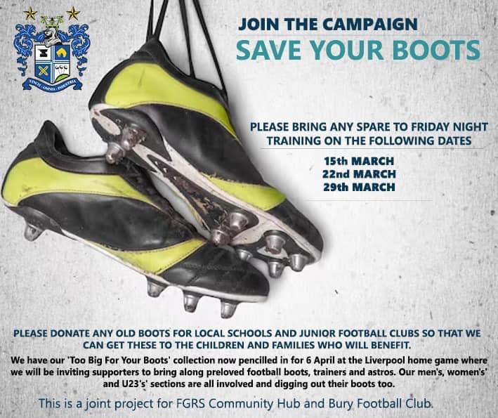 ⚽️⚽️ TOO BIG FOR YOUR BOOTS ⚽️⚽️ We are proudly supporting the ‘TOO BIG FOR YOUR BOOTS’ campaign, a joint initiative between FGRS Community Hub & Bury FC. So clear out your cupboards and bring your old boots, trainers or astros to training over the next few weeks.