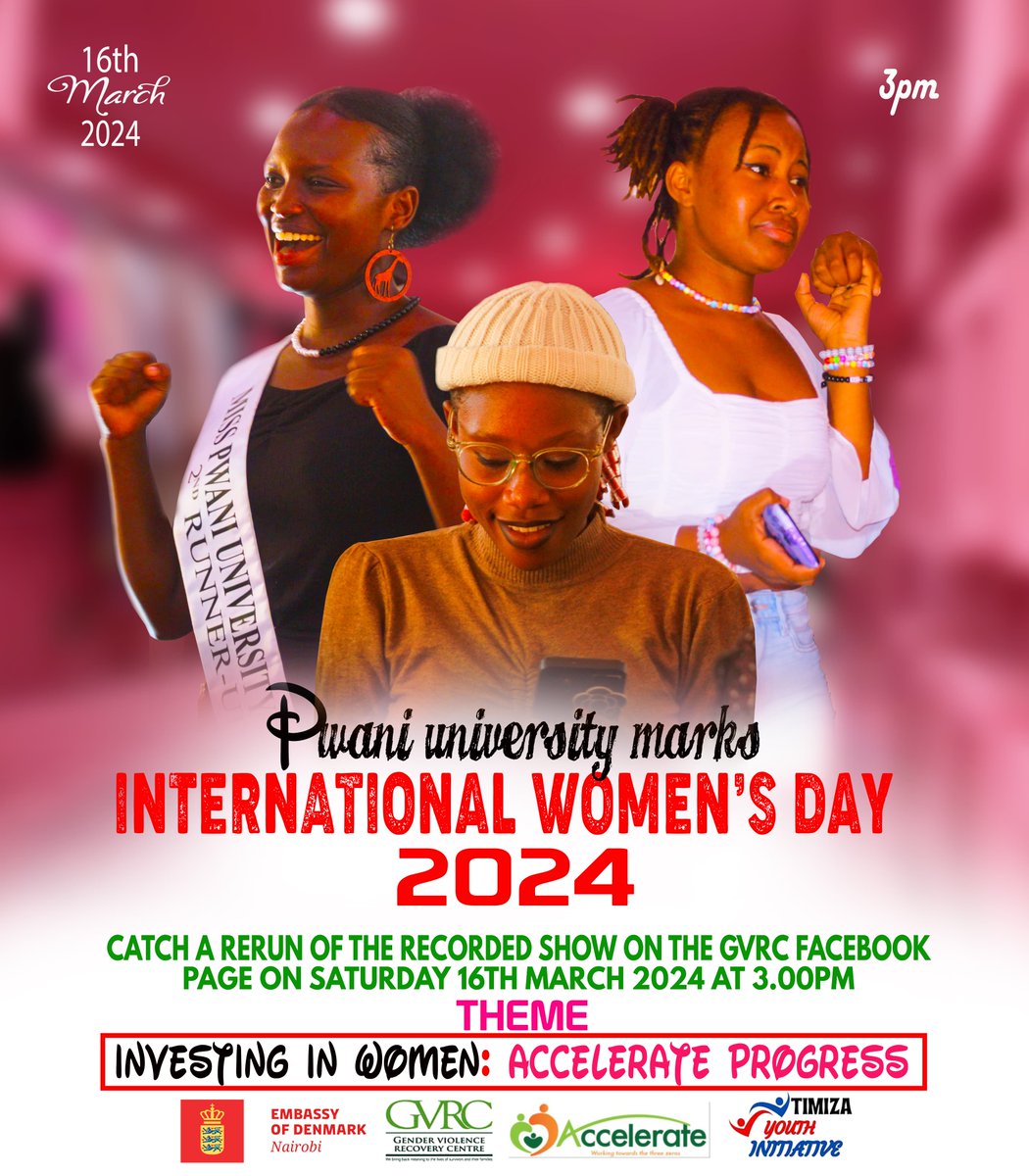 Pwani University celebrates International Women's Day! Tune in for a rerun of the recorded show on the GVRC Facebook page this Saturday, March 16th, 2024, at 3PM EAT. Don't miss out! #IWD2024 #InvestingInWomen #accellerateprogress @denmarkinkenya @PSKenya_ @Timiza_CC