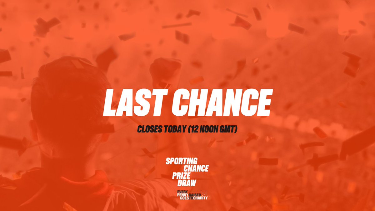 LAST CHANCE🔔 📢 Sporting Chance Prize Draw 2024 closes TODAY at 12 noon (GMT). It's your last chance to enter... ⭐ 40+ amazing sporting prizes to be won ⭐ £10 minimum donation to enter ⭐ EVERY PENNY RAISED goes to charity ENTER HERE 📢 : 🔗 loom.ly/adVrbUM