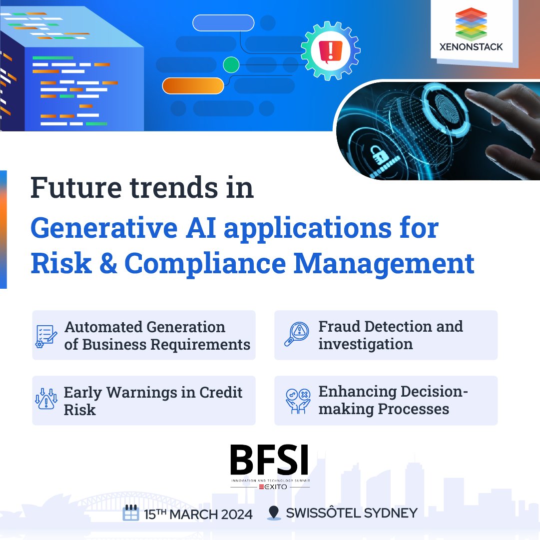 Join us at the BFSI IT Summit in Sydney and explore the ways Generative AI can assist banks in handling #riskandcompliance

Visit our article to uncover more insights
xenonstack.com/blog/generativ…

#exito #sydney #apac #EXITOBFSIsydney #technology #innovation #BFSI2024 #fintech