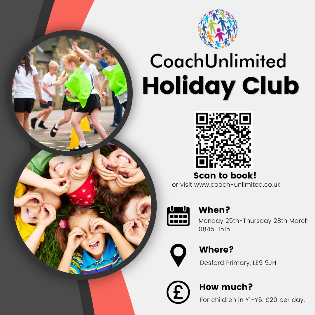 ⚽️COACH UNLIMITED HOLIDAY CLUB🏀 

✨Refer a friend✨ and be in with a chance of winning a ‼️FREE‼️ space on our May or Summer holiday clubs! 🤩 

coach-unlimited.co.uk/registration-f…

T’s &amp; C’s apply 
#holidayclub #easterholidays #childcare #activityclub #primaryschool #thingstodoinhalfterm