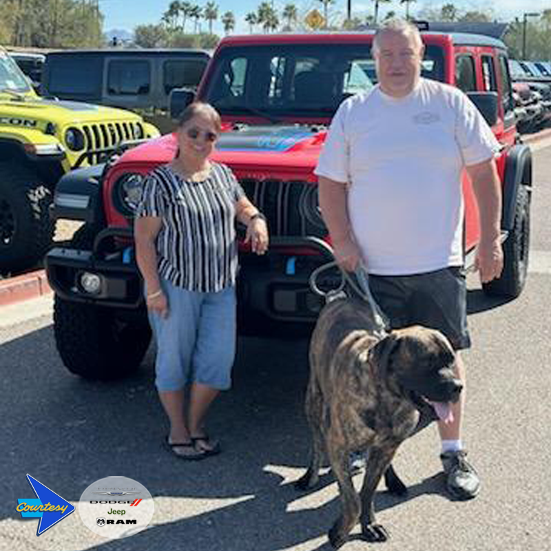 Congrats Brian &amp; Sayuri Zinsli on this dog-friendly 🐶 2023 #JeepWrangler Rubicon 4Xe, assisted by Chris Caban. Interested in a quality #CourtesyJeepSuperstitionSprings vehicle, call Chris at 480-569-2994. #TheCourtesyWay #CourtesyJeepAZ #Jeep #Wrangler #JeepLife #ChrisCabanJeep