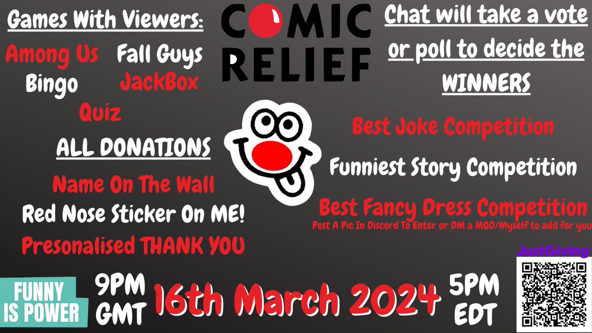 ❤️ Red Nose Day 2024❤️
Happening tomorrow!!!!
Even if you can't donate, come join in on the fun &amp; games and have some laughs 🤪❤️
<a href="/comicrelief/">Comic Relief</a> #RedNoseDay 

<a href="/M0NKS_C02/">Monks</a> <a href="/shanerainey78/">Shane Rainey</a> <a href="/steven_bryant1/">Steven Bryant</a> 
twitch.tv/arielsnow88
