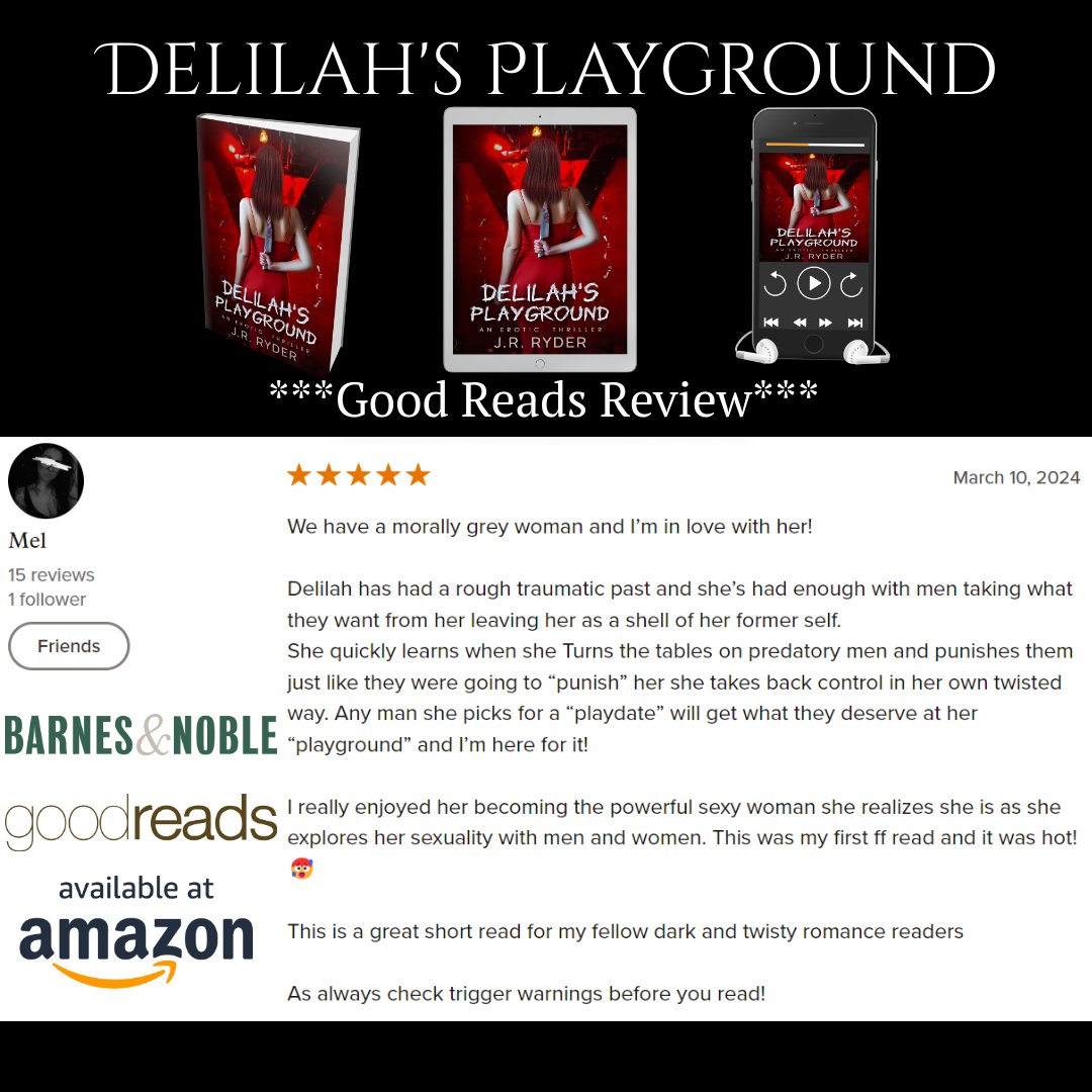 Delilah's Playground received this Five Star Review from a reader. 
#booklover #bookreviews #books #spicybooks #spicythrillers #spicyauthors #spicycontent #indieauthor #Bookstagram #booktok #eroticthriller #FMC #FMCPOV #fullcastnarration #fivestars #booknerd #book #smuttyreads