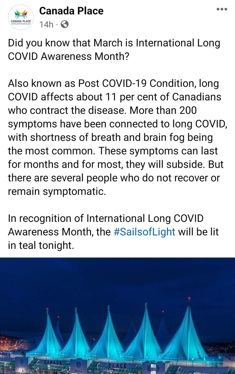 LCawarenessInt's tweet photo. Canada Place
Sails of Light
Lighting up for Long Covid Awareness Month!
#LongCovidAwarenessDay
#LongCovidAwarenessMonth
#SailsofLight https://t.co/ddTbku9Mm6