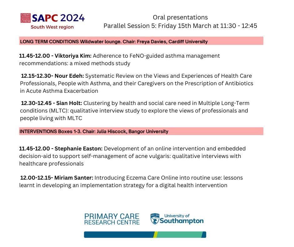 Primary Care Research Centre (@uos_primarycare) on Twitter photo #SWSAPC24 Parallel Session 5: Viktoriya Kim, Nour Odeh and <a href="/DrSianZenaHolt/">Dr. Sian Zena Holt</a> are presenting on long term conditions, then finishing up the day we have <a href="/StephanieEE0803/">Stephanie Easton</a> and <a href="/MiriamSanter/">Miriam Santer</a> sharing interventions for <a href="/AcneCareOnline/">Acne Care Online</a> and <a href="/ECO_eczema/">Eczema Care Online</a> #SWSAPC24 Parallel Session 5: Viktoriya Kim, Nour Odeh and <a href="/DrSianZenaHolt/">Dr. Sian Zena Holt</a> are presenting on long term conditions, then finishing up the day we have <a href="/StephanieEE0803/">Stephanie Easton</a> and <a href="/MiriamSanter/">Miriam Santer</a> sharing interventions for <a href="/AcneCareOnline/">Acne Care Online</a> and <a href="/ECO_eczema/">Eczema Care Online</a>