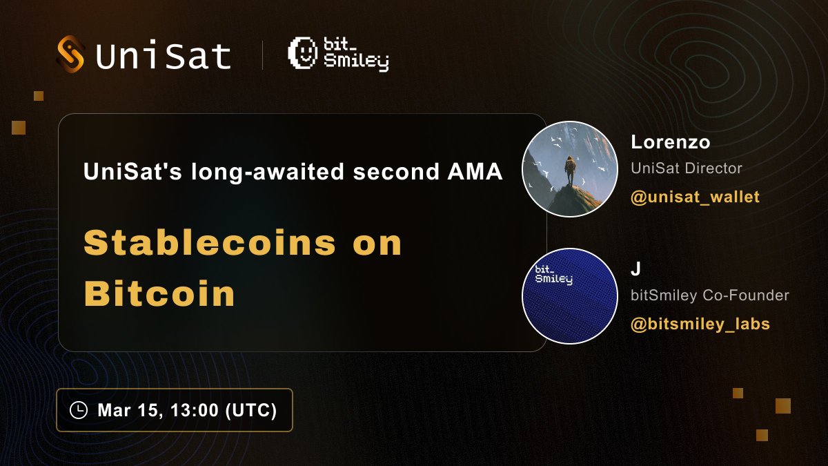 UniSat - wallet, explorer & extension for bitcoin. (@unisat_wallet) on Twitter photo 🌟 Get ready for #UniSat's second AMA! Dive deep into #Stablecoins on #Bitcoin with our expert guest speakers.
🎙 Guests:
<a href="/bit_J0403/">J</a> - Co-Founder <a href="/bitsmiley_labs/">bitSmiley | bitUSD</a>
<a href="/lorenzonical/">Lorenzo</a> - Director <a href="/unisat_wallet/">UniSat - wallet, explorer & extension for bitcoin.</a>
🗓️Mar 15, 13:00 (UTC)
🔔Set your reminder: x.com/i/spaces/1gqxv… 🌟 Get ready for #UniSat's second AMA! Dive deep into #Stablecoins on #Bitcoin with our expert guest speakers.
🎙 Guests:
<a href="/bit_J0403/">J</a> - Co-Founder <a href="/bitsmiley_labs/">bitSmiley | bitUSD</a>
<a href="/lorenzonical/">Lorenzo</a> - Director <a href="/unisat_wallet/">UniSat - wallet, explorer & extension for bitcoin.</a>
🗓️Mar 15, 13:00 (UTC)
🔔Set your reminder: x.com/i/spaces/1gqxv…