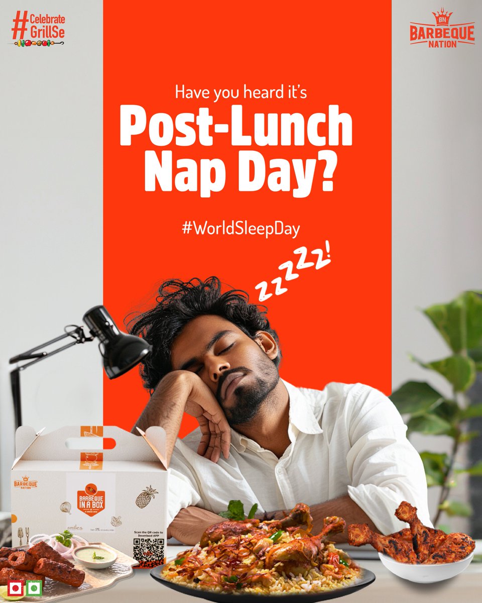 Let’s embrace the art of the midday nap this World Sleep Day! Tap the link in bio to book your table now, head home for a snooze right after. 😴 #barbeque_nation #barbequenation #worldsleepday #napday #postluch