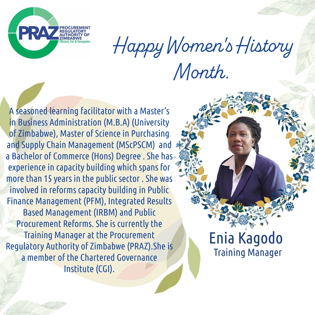 Celebrating remarkable women in public procurement. Enia Kagodo is a leader of principle, in management. She is an adept woman whose expertise is undoubtedly impactful. #InclusivityInPublicProcurement #InternationalWomensMonth2024