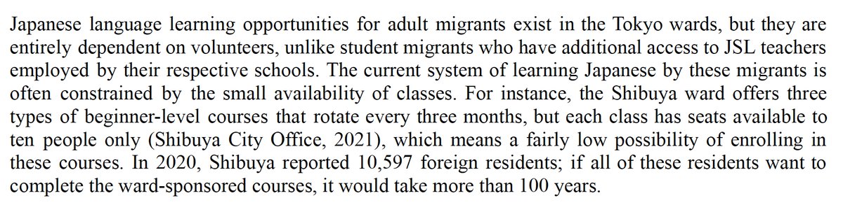 OTMinns's tweet photo. Reading about Japanese language education in Tokyo. 
https://t.co/hNm2vf5ylV 

Shocking how much of it is provided by volunteers and that it would take 100 years for all the foreigners in Shibuya-ku to complete classes.
Has anyone ever had a good experiences with these classes? https://t.co/B2RXTvXqDd