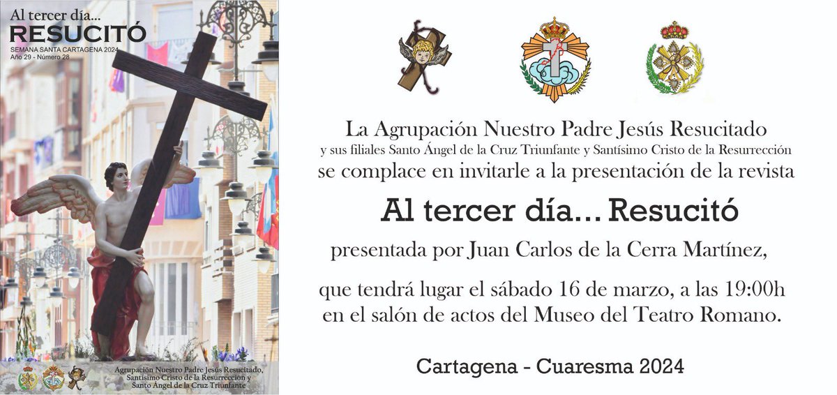 Mañana sábado, 16 de marzo, a las 19:00h, en el salón de actos del Museo del Teatro Romano tendrá lugar la presentación de nuestra revista, ‘Al tercer día… Resucitó’, a cargo de Juan Carlos de la Cerra Martínez.
Os esperamos a todos.

#SoydelCristo
#Cuaresma2024