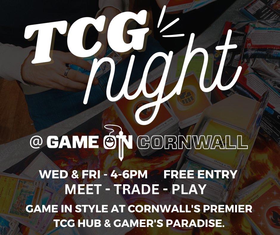 🔥TCG Night's at Game On Cornwall - FREE to enter🔥

 Wednesdays & Fridays. 

🎴 The TCG Counter
🧋 The Game On Bar 
Meet - Trade - Play!

For you and your gaming pals - friendly, independent and built with accessibility in mind. 🐕‍🦺🦽🦼

Game ON, Cornwall!