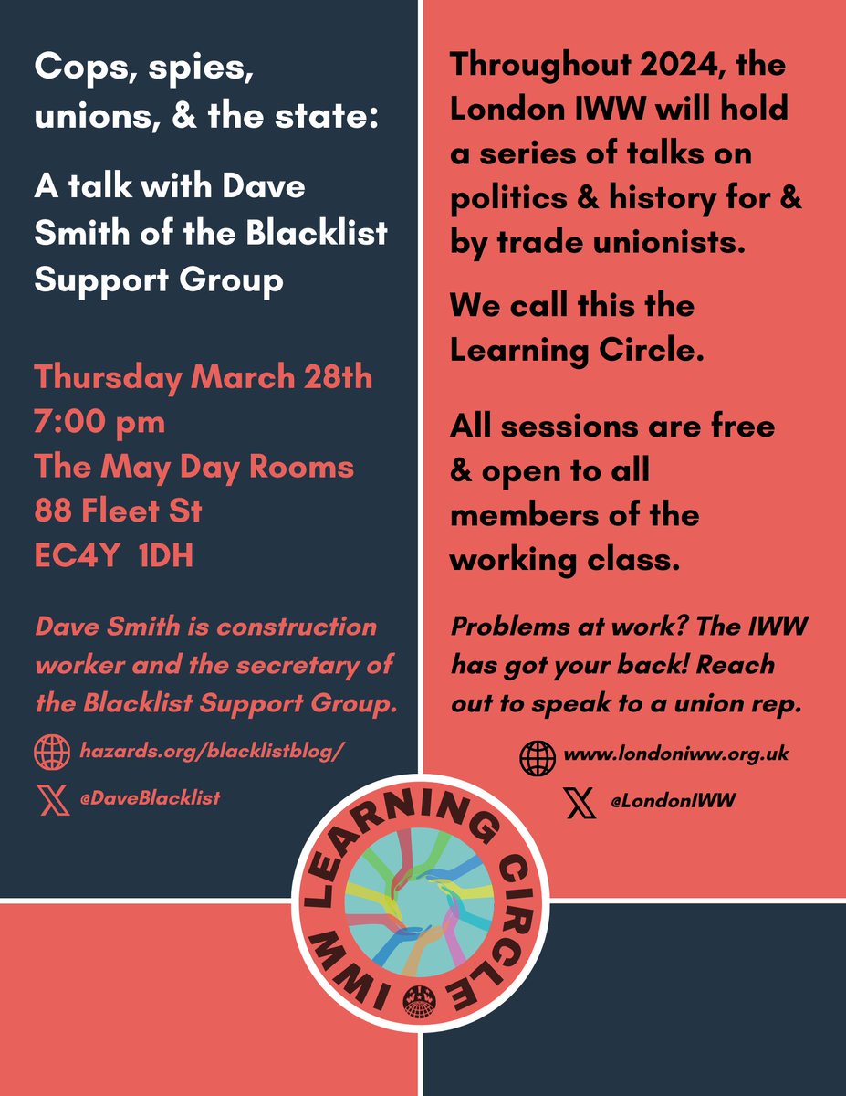 The #LearningCircle: Join us for us in the first of a series of exciting talks! March 28th: @DaveBlacklist of the #BlacklistSupportGroup 🗓️ 28.03.24 ⏰ 7pm 🏢 @maydayrooms #WorkingClassSelfEducation