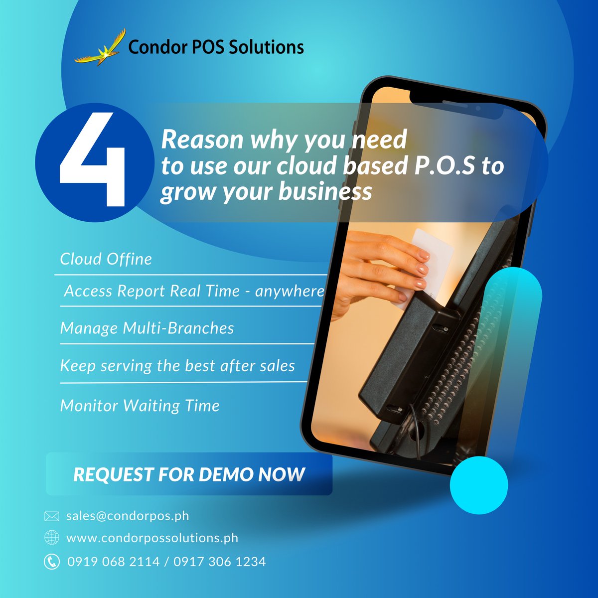 CondorPOSPH's tweet image. 𝐑𝐞𝐯𝐨𝐥𝐮𝐭𝐢𝐨𝐧𝐢𝐳𝐞𝐝 𝐲𝐨𝐮𝐫 𝐛𝐮𝐬𝐢𝐧𝐞𝐬𝐬 𝐰𝐢𝐭𝐡 𝐨𝐮𝐫 𝐜𝐥𝐨𝐮𝐝-𝐛𝐚𝐬𝐞𝐝 𝐏𝐎𝐒. 𝐒𝐞𝐚𝐦𝐥𝐞𝐬𝐬𝐥𝐲 𝐦𝐚𝐧𝐚𝐠𝐞 𝐬𝐚𝐥𝐞𝐬, 𝐢𝐧𝐯𝐞𝐧𝐭𝐨𝐫𝐲 𝐚𝐧𝐝 𝐭𝐫𝐚𝐧𝐬𝐚𝐜𝐭𝐢𝐨𝐧𝐬 𝐟𝐫𝐨𝐦 𝐚𝐧𝐲𝐰𝐡𝐞𝐫𝐞, 𝐚𝐧𝐲𝐭𝐢𝐦𝐞.

#CloudBasedPOS #CondorPOSPH #CukCuk