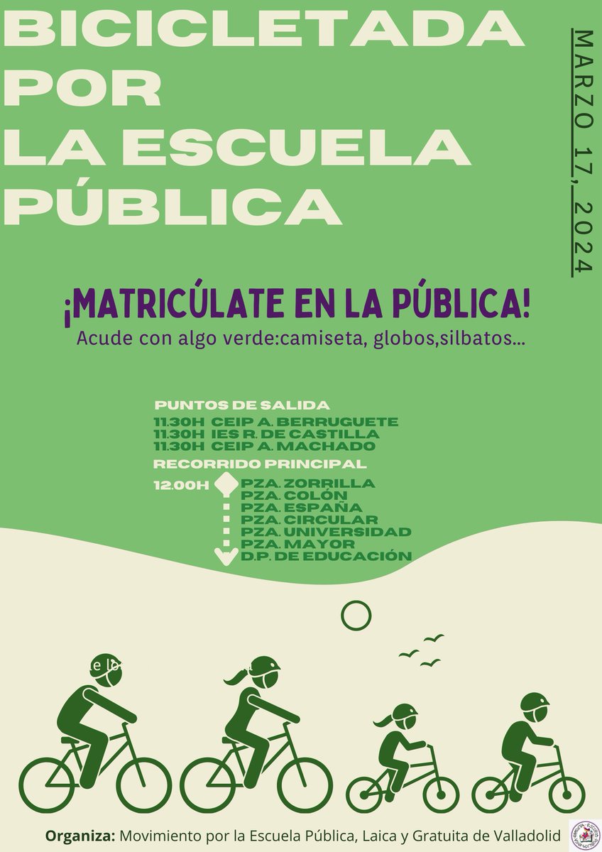 Este domingo súmate a la marea verde por la #EscuelaPública 

Acude con tu bici a las 11.30h a alguno de los puntos de salida o directamente a la Plaza Zorrilla a las 12h, donde nos juntaremos. 

Si no puedes hacer la marcha en bici, ven a la concentración en la Plaza del Milenio