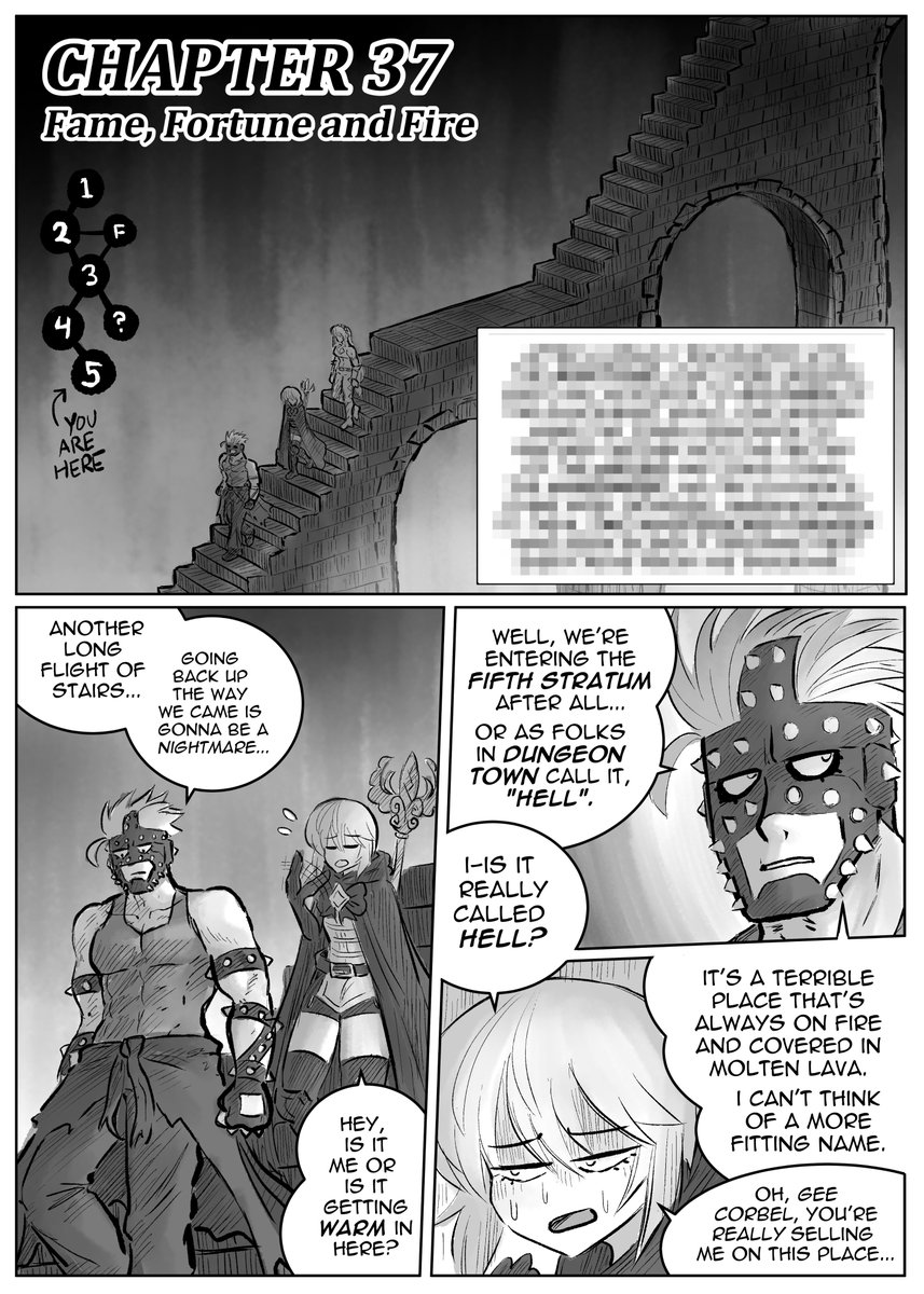 CHAPTER 37 of my ongoing comic DOWNTOWN DUNGEON: OUR HERO IS MISSING! is out NOW on Tapas and Webtoons! 
Our three heroes step out of the frying pan and into the fire when they finally enter the Fifth Stratum, Hell!
(special guest illustration by the wonderful @EzzyDraws) 