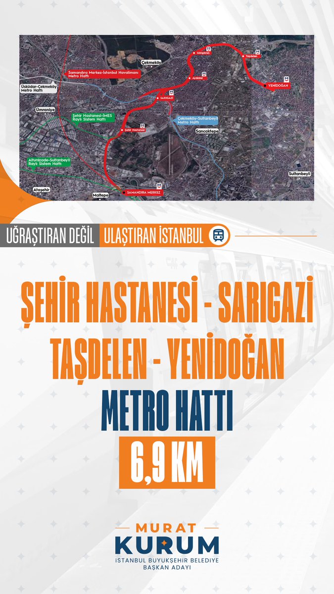 Anadolu yakasında üzerine hafriyat dökülerek kapatılan Şehir Hastanesi- Sarıgazi-Taşdelen-Yenidoğan metro projesini hizmete alacağız. 2029'dan önce bitireceğimiz, 6,9 km uzunluğundaki bu hatla İstanbullu hemşerilerimiz için toplu ulaşım çile olmaktan çıkacak.