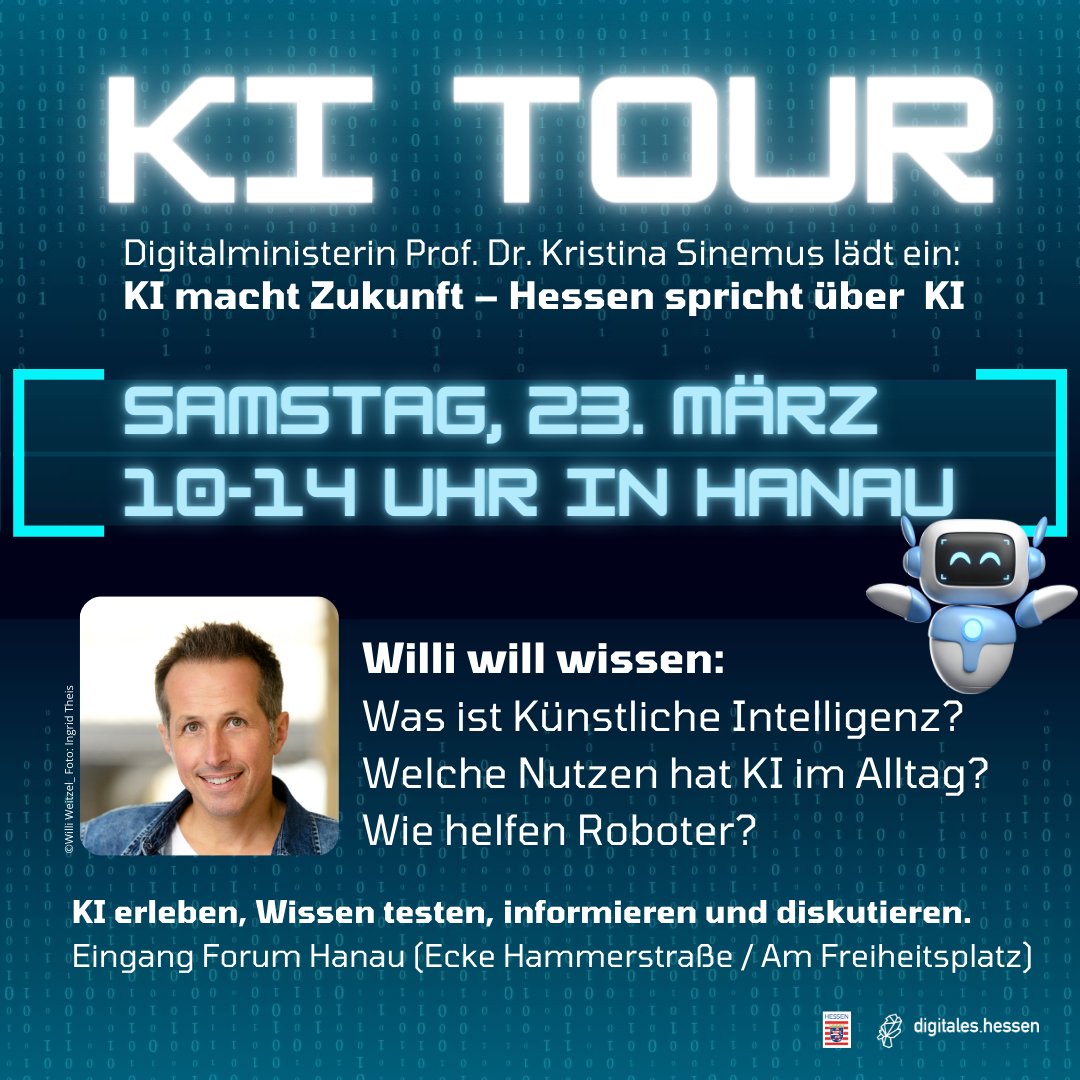 DigitalesHessen (@digitaleshessen) on Twitter photo Was ist #KünstlicheIntelligenz? Welche Nutzen hat #KI im Alltag? Wie helfen #Roboter? Darüber wollen Willi und Digitalministerin <a href="/KSinemus/">Kristina Sinemus</a> mit Bürgerinnen und Bürgern und Experten sprechen. Auftakt: 23.3, 10-14 Uhr Am Eingang Forum #Hanau (Ecke Hammerstraße/Am Freiheitsplatz). Was ist #KünstlicheIntelligenz? Welche Nutzen hat #KI im Alltag? Wie helfen #Roboter? Darüber wollen Willi und Digitalministerin <a href="/KSinemus/">Kristina Sinemus</a> mit Bürgerinnen und Bürgern und Experten sprechen. Auftakt: 23.3, 10-14 Uhr Am Eingang Forum #Hanau (Ecke Hammerstraße/Am Freiheitsplatz).
