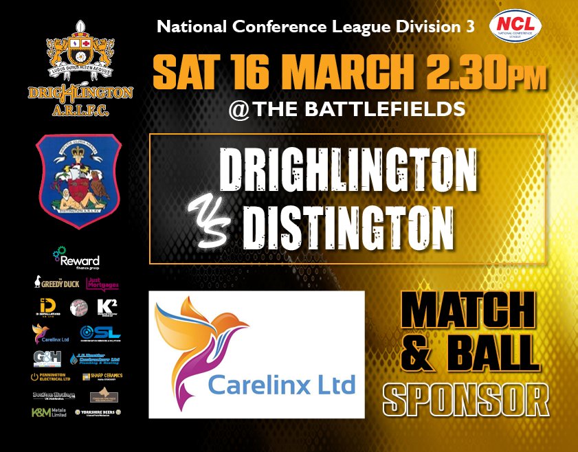 Tomorrow, our NCL team welcome Distington to The Battlefields, 2.30pm 🖤💛 This week’s Match and Ball sponsor is Carelinx Ltd, providers of quality care & support to individuals of all ages in the Kirklees area. Thanks to Laura Drake, & our very own Luke Hudson, for your support