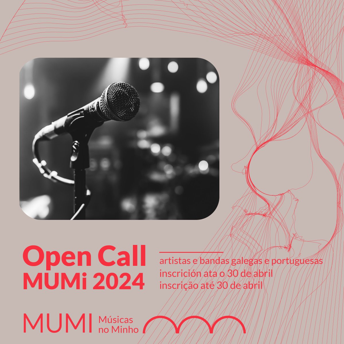 Atenção, bandas e artistas!📢 Já está aberta a convocatória para tocar no #MUMI2024.

🎤 Quem se pode candidatar? Artistas de Portugal e Galiza que tenham um projecto musical de carácter profissional.

💻 Informações e formulário de inscrição no site: mumimusicas.eu