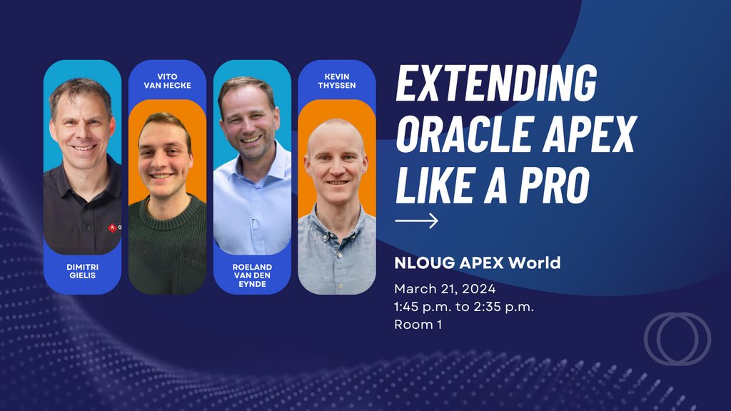 Are you ready to take your APEX experience to the next level? Join @dgielis, @vvanhecke2000, @reynde75 & @kevinthyssen for our session at APEX World to learn about the latest tools to elevate your game! Register at nloug.nl/en/events/apex… #orclapex @nl_OUG #APEXWorld2024