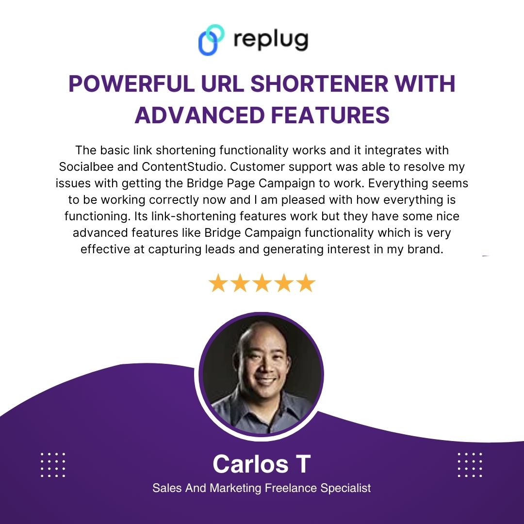 A glowing review from one of our amazing clients! 

Thanks for the shoutout! We're thrilled to hear about your positive experience with our support team and the effectiveness of our Bridge Campaign feature. 

Your success is our priority!

#replug #linkmanagement #bridgecampaigns