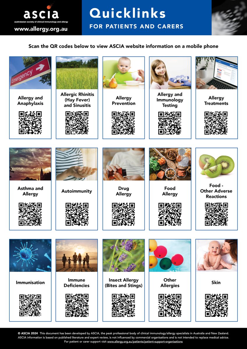 ascia_news's tweet photo. A new ASCIA Quicklinks for Patients and Carers with QR codes can be printed as an A4 handout from https://t.co/nQvYfYzHcO  

This work is part of the National Allergy Council Shared Care for Allergy Project. 

#ASCIA #NAC #allergy #medicalcare #livingwithallergy https://t.co/TACLcO4SkK