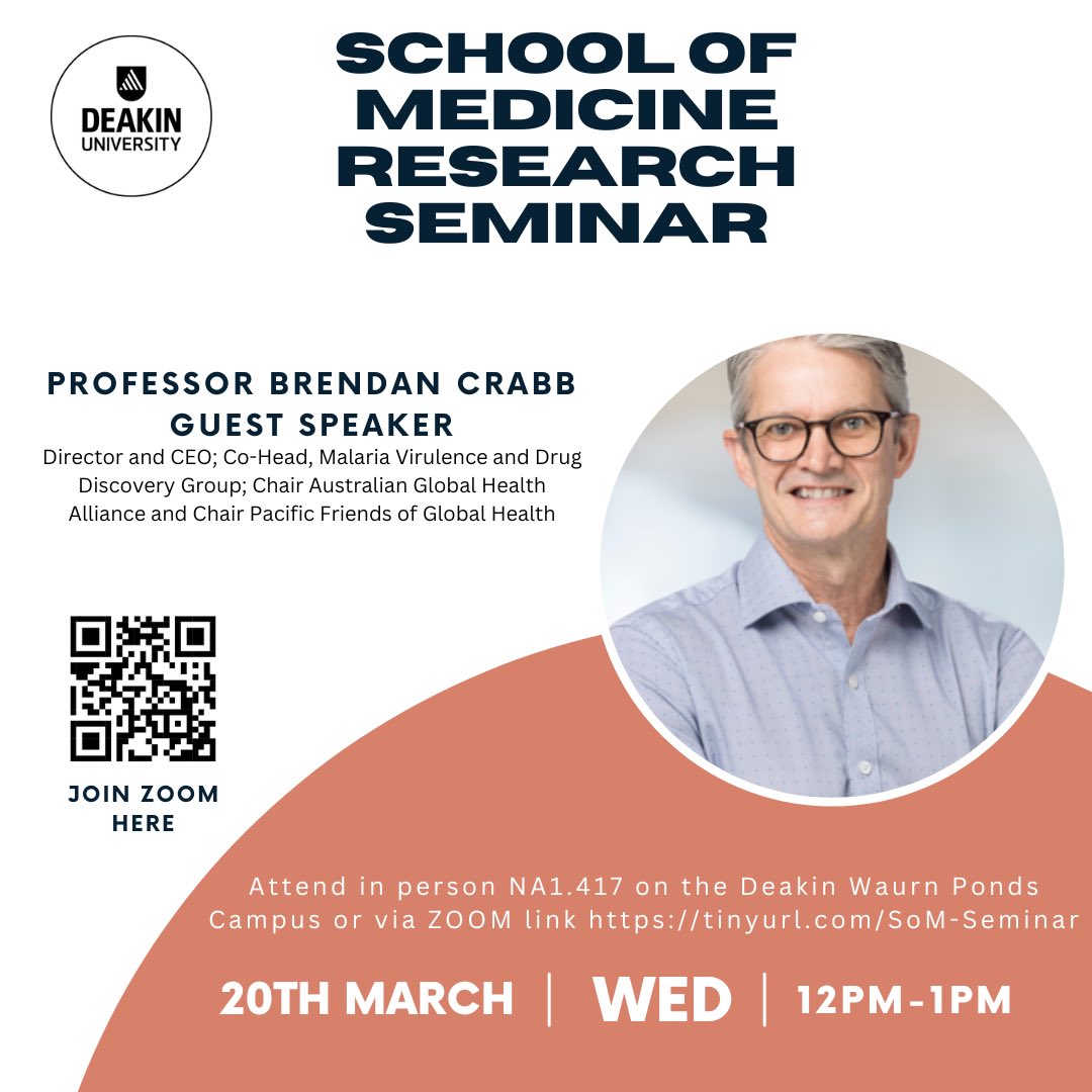 deakinmrsa's tweet photo. The Weekly School of Medicine Seminar Series is returning next Wednesday from 12:00 to 1:00 p.m.  

The opening plenary speaker will be Professor Brendan Crabb @CrabbBrendan AC, Director of the Burnet Institute. https://t.co/uXHjC55hbr