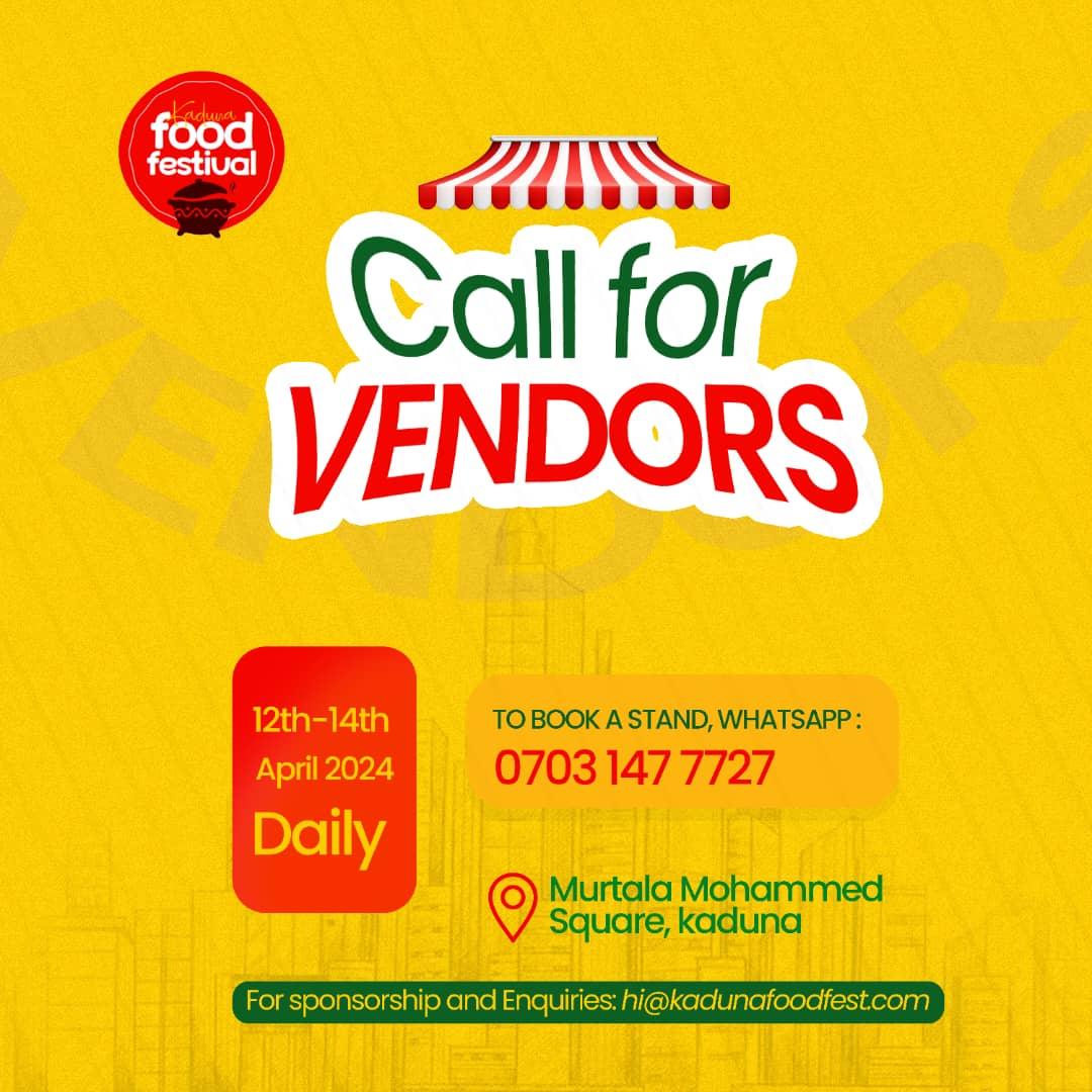 📢 Attention all vendors! 🍔🎨 Want to showcase your goodies at our event? Now's your chance! Join us as a vendor and share your talents with our amazing crowd. Don't miss out - send us a Whatsapp message today and let's make it a day to remember! #KadunaFoodFestival