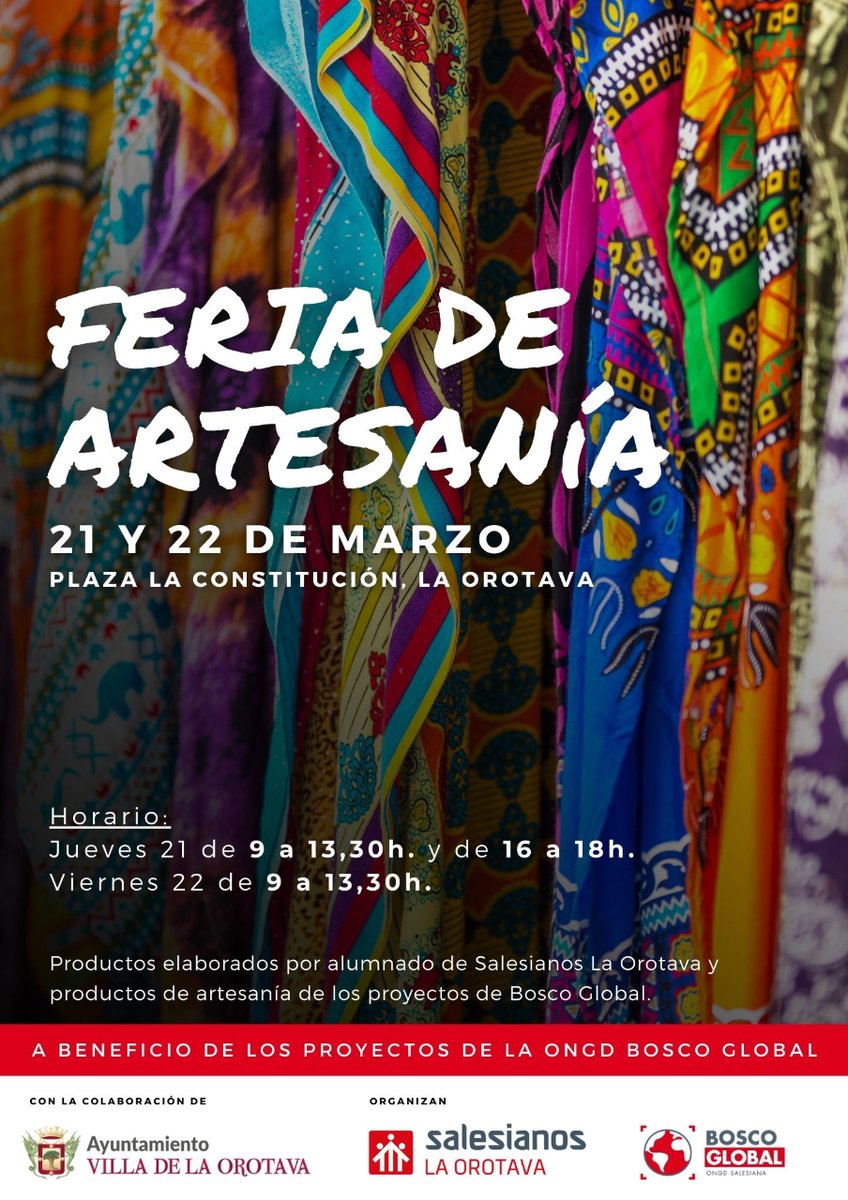 📣La semana que viene tendremos, un año más, la Feria de Artesanía en La Orotava, en Sta. Cruz de Tenerife, con productos elaborados por alumnado de <a href="/salesianosLAO/">Salesianos La Orotava</a> y artesanías de nuestros proyectos.
¡Os esperamos!