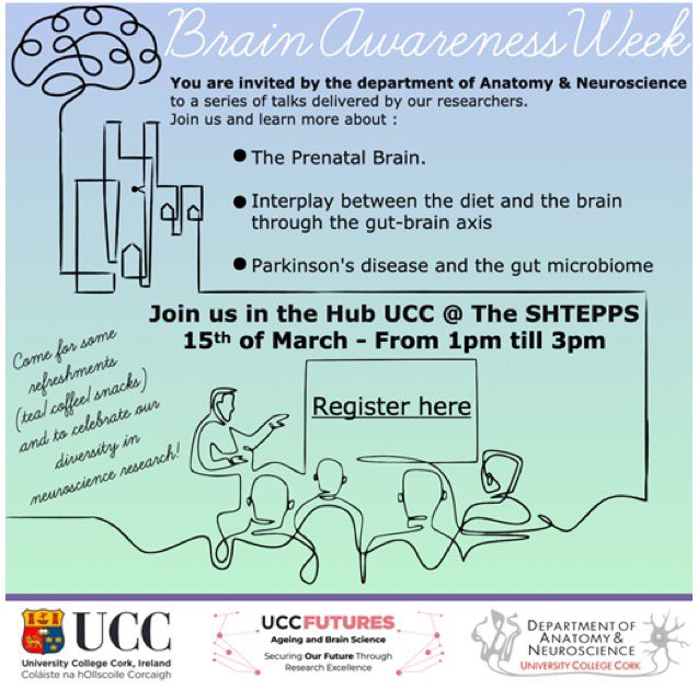 Join us today 1-3pm for our annual event to celebrate #BrainAwarenessWeek Our Neuroscience postdocs, postgrads & PIs will be talking about their #neuroscience research @AnatNeuroUCC @UCC #FutureAgeingBrainScience @UCCResearch @UCCMedHealth @UCCMedHealthRI @GradCoMH_UCC