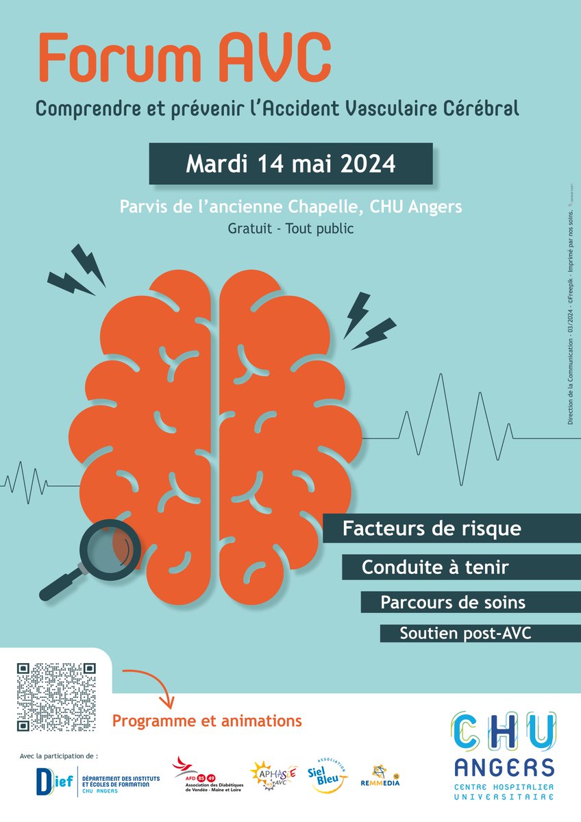 Évènement santé | Comprendre et prévenir l'#AVC Organisé par la filière AVC du #CHUAngers, accompagnée de plusieurs partenaires : @UnivAngers @assosielbleu @49Remmedia, etc. 📅14 mai 2024 au #CHUAngers Programme : bit.ly/3Vf9lY9 @ars_pdl @Angers @la_SFNV @CHLeMans